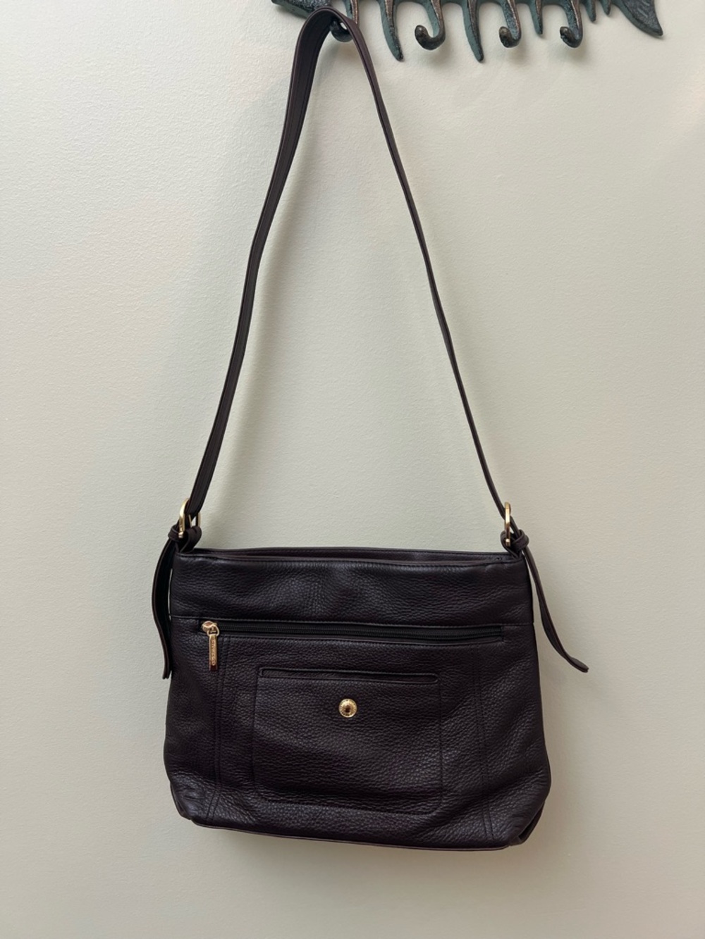 Stone & Co. Dark Brown Pebbled Leather Shoulder Bag with Front Pockets